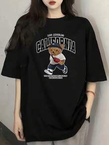 Camiseta de manga corta y corte holgado para mujer con bonito estampado de dibujos animados - Blanco - Ver 5