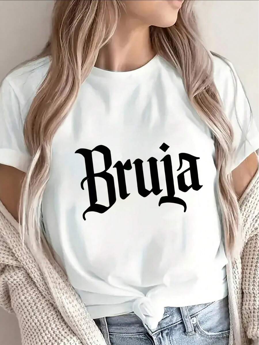 Polyester Short-Sleeved T-Shirt With Gothic Witch Print, Lightweight And Durable For Casual Wear At Home, Cafes Or Urban Environments, With Lettering On The Fabric - Vintage Street Style, Unisex Cotton Short-Sleeved Round Neck T-Shirt, Women's T-Shirts. - 白色 - 查看 1