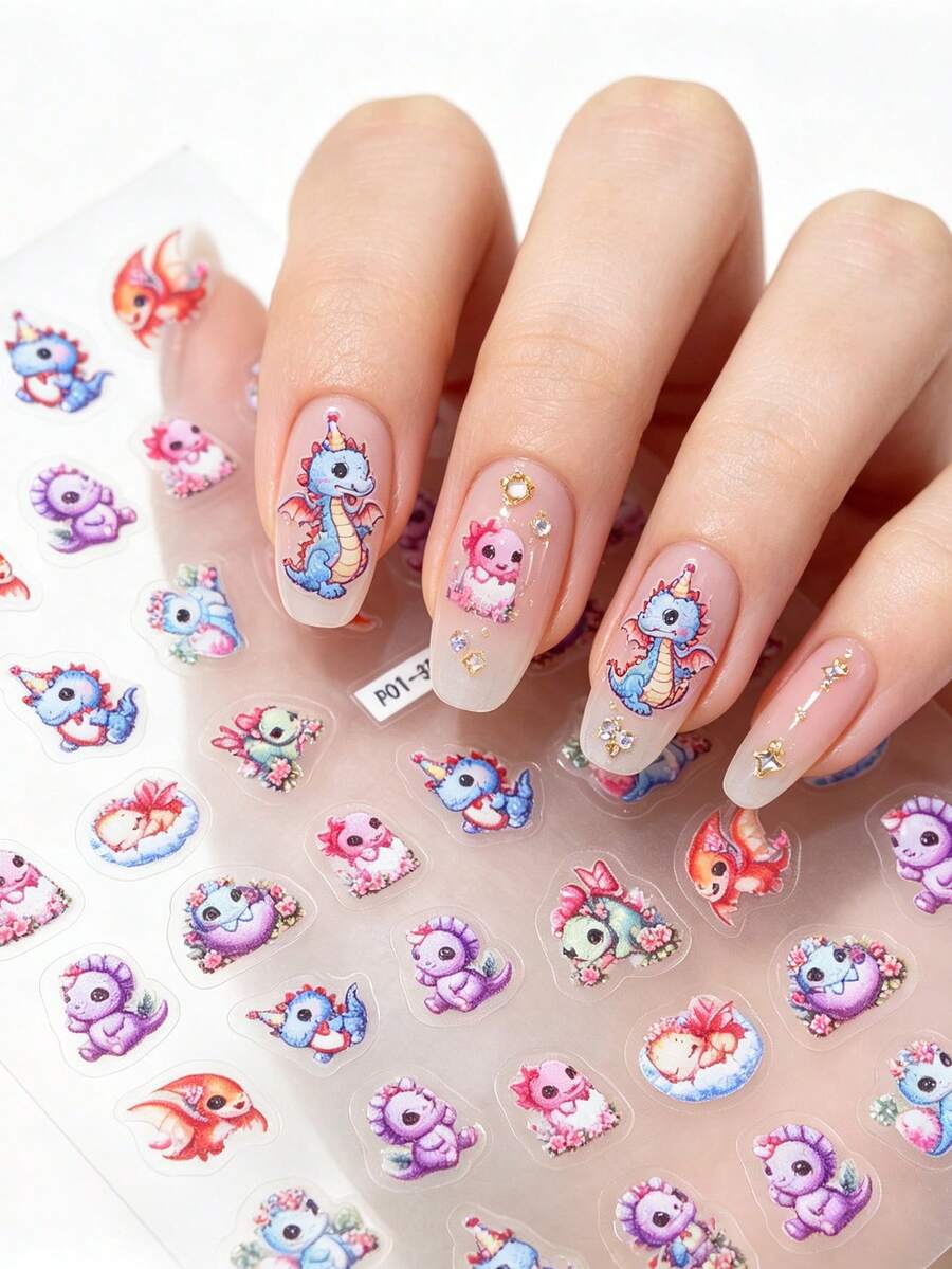 1 miếng dán móng tay hình khủng long hoạt hình dễ thương, tự dính, trang trí móng tay nổi một lần, kiểu dáng đáng yêu phù hợp cho các buổi tụ họp bạn gái, họa tiết sống động dễ dán và bám chắc. - Nhiều màu - Xem 1