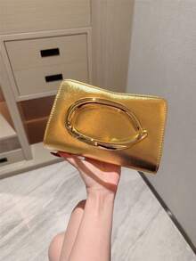 1 pieza Bolso de mano tipo clutch con decoración metálica de estilo europeo y americano, bolso de mano metálico brillante para mujer, sensación de lujo elegante para vestido de noche, fiesta, boda, baile de graduación, gala, diseño de cuero romántico con cadena metálica - Dorado - Ver 5