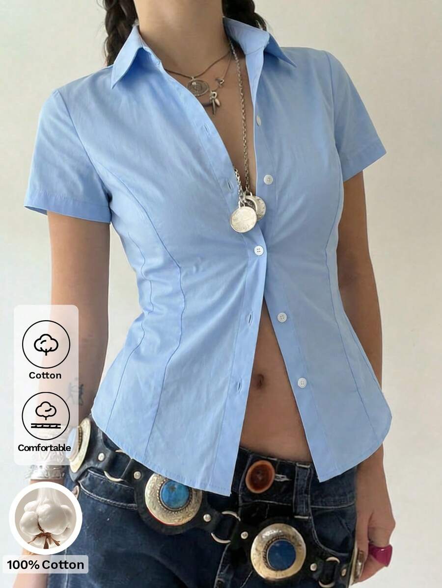 Y2K风格女式纯棉修身短袖衬衫,蓝色学院风衬衫,适合街头穿搭、通勤和夏季办公穿着 - 藍色 - 查看 1