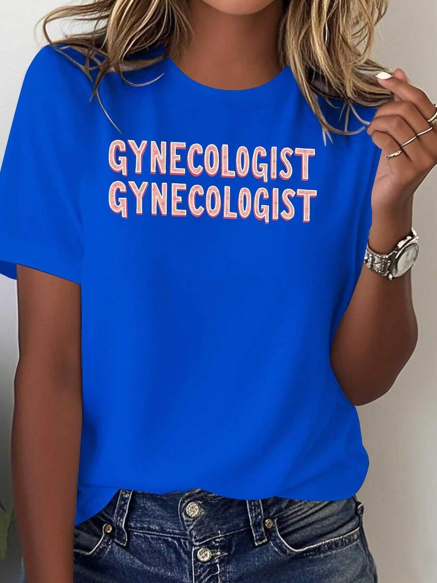 Women's Pure Cotton T-Shirt With Gynecology Themed Print - Features A Design With Gynecological Text, Casual And Comfortable Fit, Suitable For Gynecology Professionals, Machine Washable Pure Cotton T-Shirt, Women's Shirts. - 藍色 - 查看 1