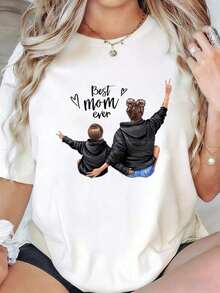 GiftSoft T-Shirt For Children's Day And Mother's Day, Mother And Child Printed Camisole, World's Best Mom Urban Style, Crew Neck, Loose Fit, Basic, Unisex, Breathable, Quick-Drying, Versatile, Machine Washable, Comfortable, Sizes S To 2XL, Everyday, Casual, Sporty, Essential, Summer, 189g, White, High Quality. Breathable Cotton Camisole, Goes With Everything. Soft - 白色的 - 查看 1