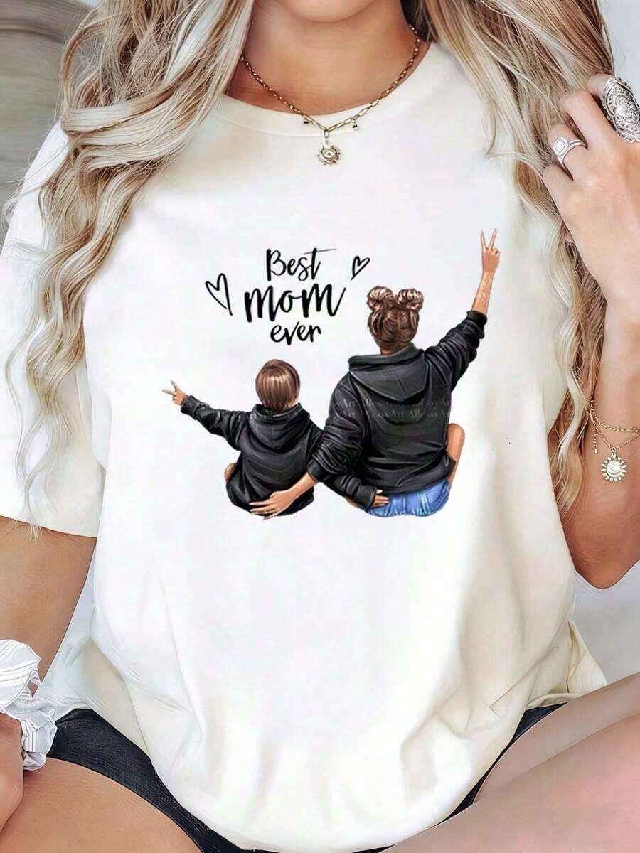 GiftSoft T-Shirt For Children's Day And Mother's Day, Mother And Child Printed Camisole, World's Best Mom Urban Style, Crew Neck, Loose Fit, Basic, Unisex, Breathable, Quick-Drying, Versatile, Machine Washable, Comfortable, Sizes S To 2XL, Everyday, Casual, Sporty, Essential, Summer, 189g, White, High Quality. Breathable Cotton Camisole, Goes With Everything. Soft - 白色的 - 查看 1