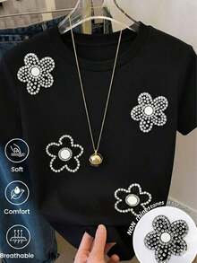 Women's White T-Shirt With Floral Print And Glitter Effect, Soft And Breathable Short Sleeve Aesthetic T-Shirt, Modern Black And White Floral Top, Fashionable Elegant Casual Blouse - 黑色 - 查看 10