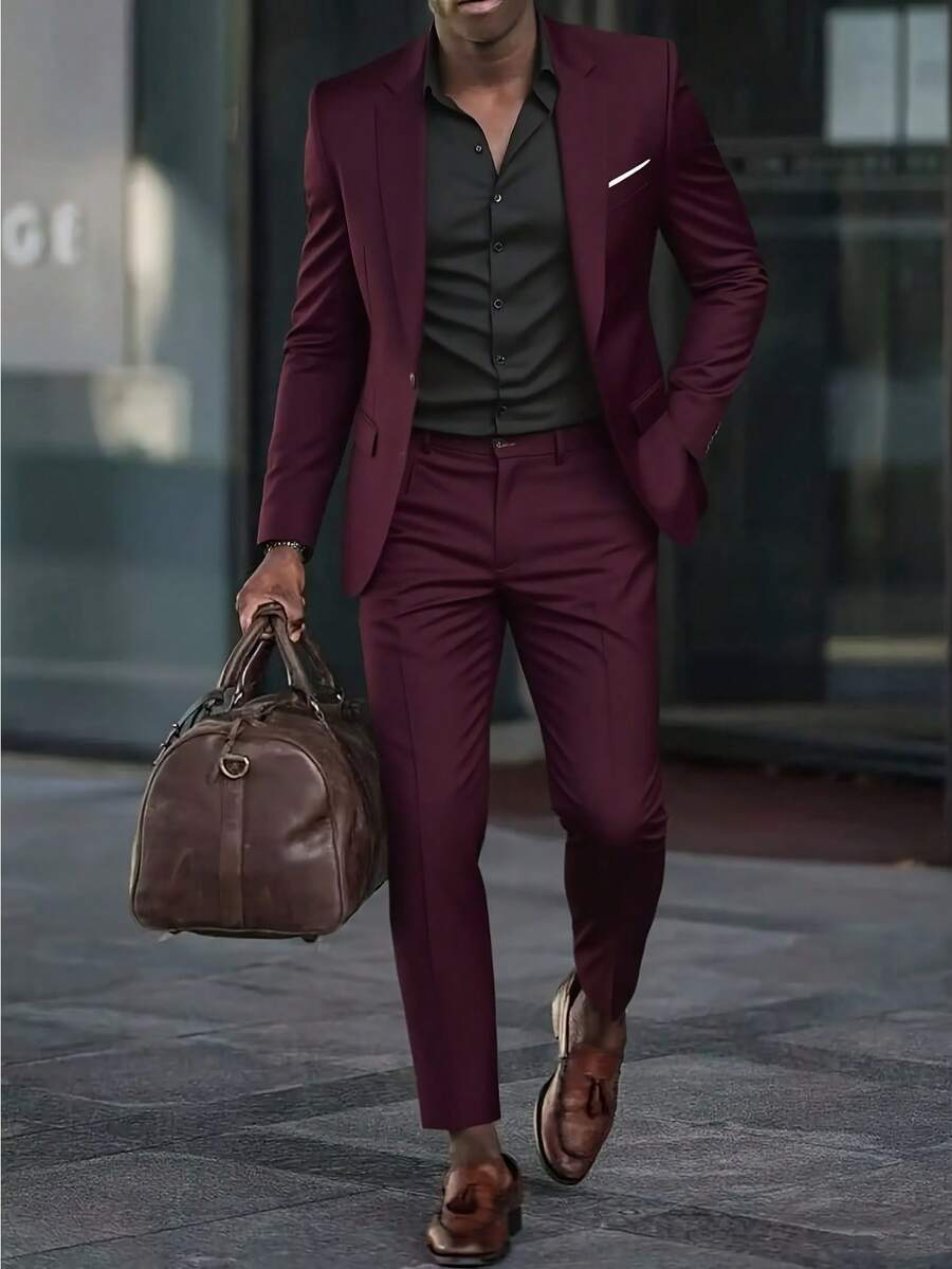 Men's 2-Piece Suit, Includes Jacket And Trousers, Elegant Formal Attire, Ideal For Parties, Meetings And Weddings - 酒紅色 - 查看 1