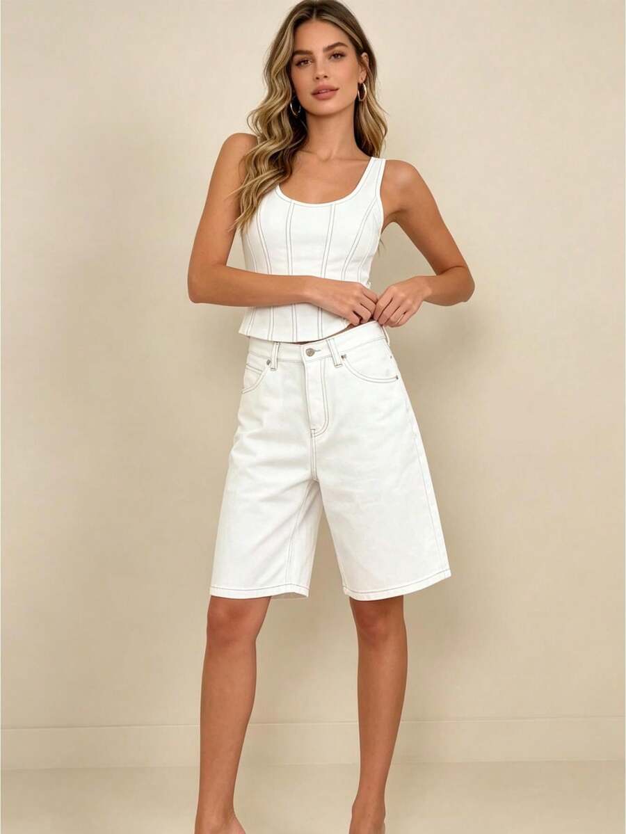 Women Loose Fit Denim Shorts Elegant Solid Color Zip Fly with Button Closure Knee Length Bermuda Jean Shorts for Beach Daily Wear - Blanco - Ver 1