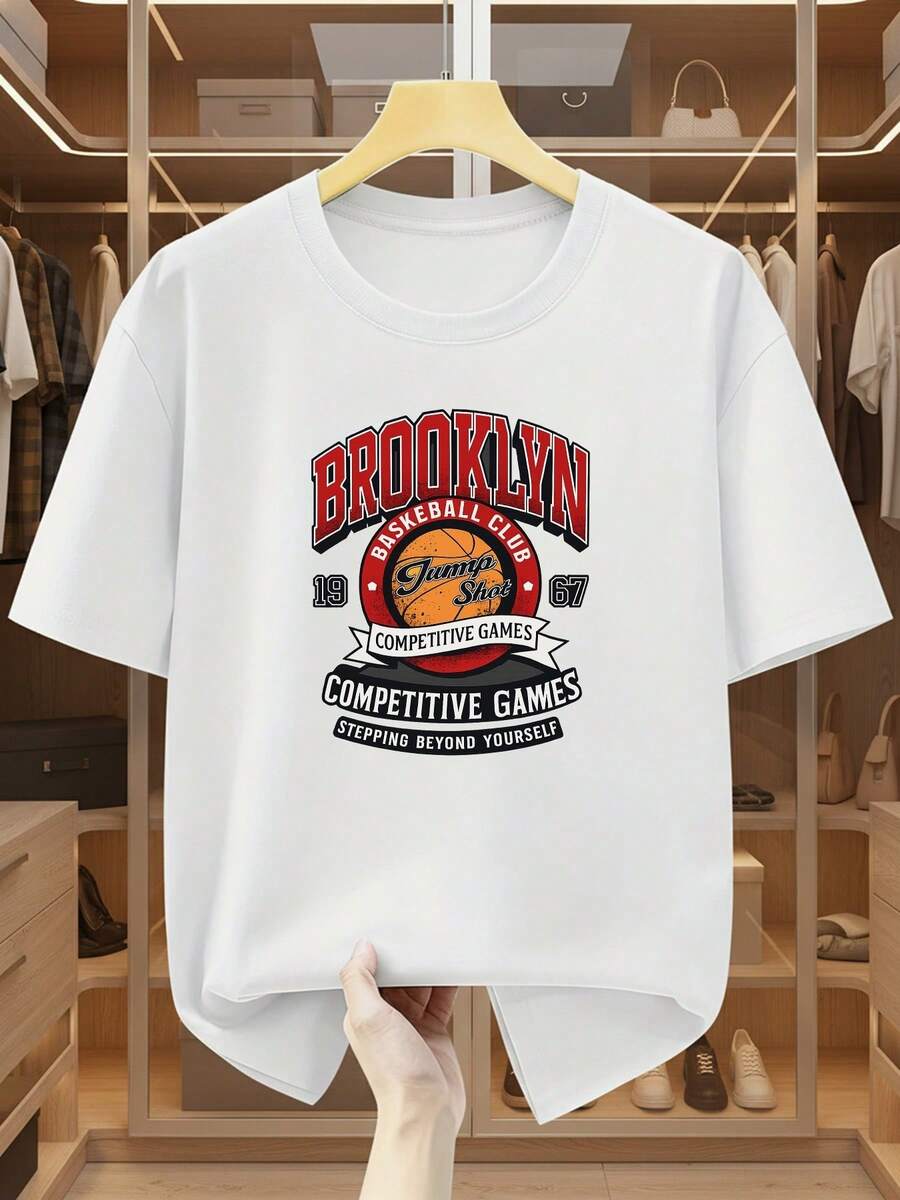 Men's Short-Sleeved T-Shirt, Made Of 100% Cotton, Featuring A Brooklyn Nets Basketball Design That Showcases Competitive Spirit And Inspires Personal Growth. Comfortable And Casual Short-Sleeved T-Shirt For Summer. - 白色 - 查看 1