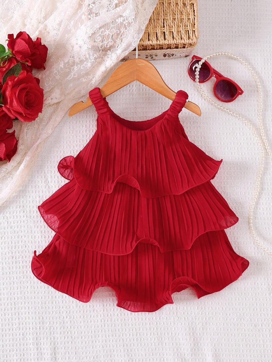 Girls' Sleeveless Ruffle Cake Dress, Solid Color Spaghetti Strap Design Suitable For Summer - Red - View 1