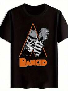 Men's 180g Black T-Shirt With Skull And Top Hat Graphic, Orange "RANCID" Print - 100% Breathable, Ideal For Music Festivals And Casual Wear, Machine Washable, Crew Neck, Short Sleeve - 黑色 - 查看 6