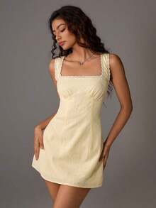 Vestido entallado de línea A con adornos de encaje floral para primavera/verano - Amarillo - Ver 6