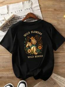 GiftCamia estampada por delante y por detrás, con diseño de flores silvestres y caballo salvaje, de cuello redondo y manga corta para mujer, estilo casual moderno y a la moda, top estampado - Negro - Ver 3