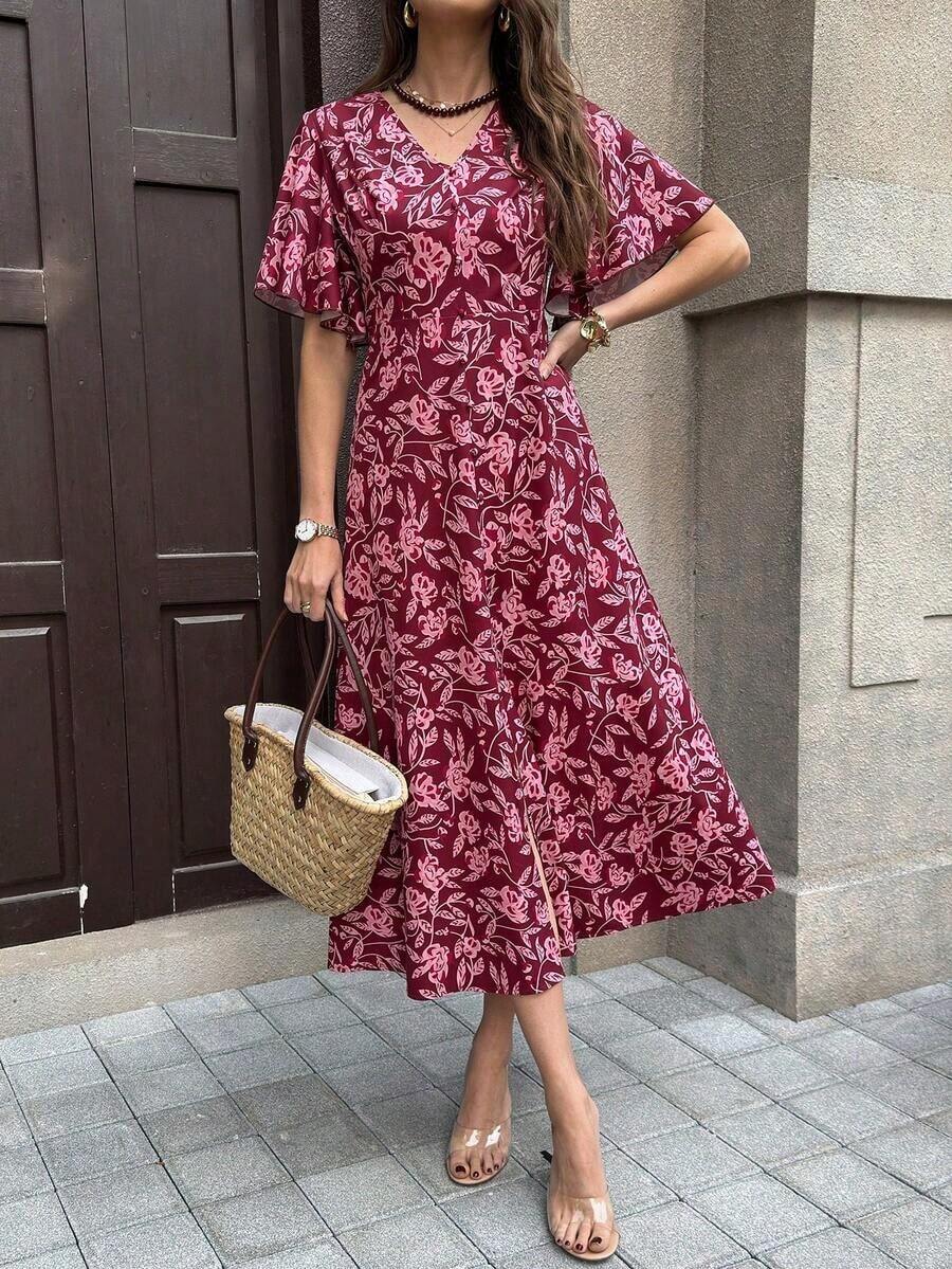 Clasi Vestido de unicolor con botones al frente, manga mariposa y abertura al muslo de longitud hasta el muslo para mujer - Rosa Fucsia - Ver 1