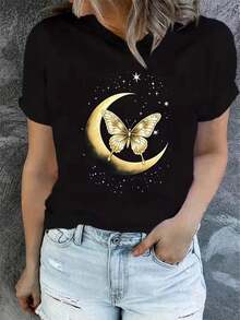 1 Women's Summer Short Sleeve T-Shirt With Print, Modern And Casual, Machine Washable, Comfortable Fit, 2D Flat Print, 180g 100% Cotton. - 黑色_01 - 查看 12