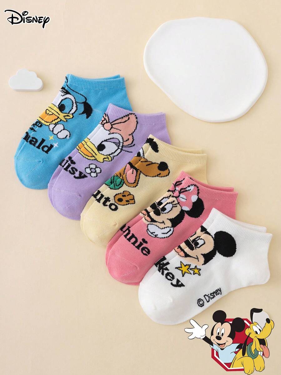 Disney 5双装迪士尼系列袜子 - 米奇、米妮、唐老鸭、黛丝,字母图案可爱卡通儿童袜子,运动袜,四季皆宜,欧美尺码,舒适透气耐穿,色彩鲜艳,适合日常穿着,优质面料,不闷热 - 彩色 - 查看 1