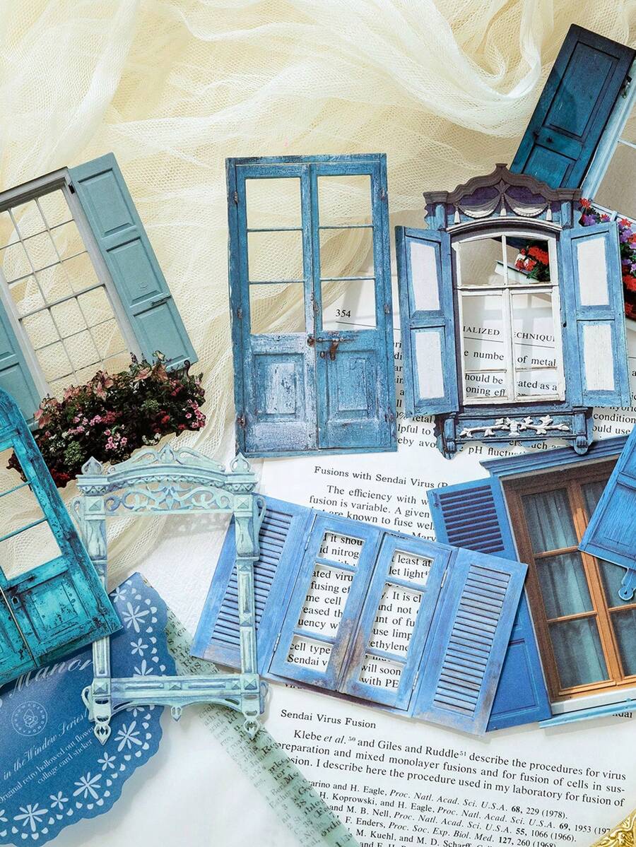 10pcs Hollow Flower Window Themed Stickers, Vintage Creative Aesthetic Sticker Decals, Scrapbooking, Planner, DIY Decoration, Holiday Gift, Personalized Scrapbook School Supplies - 2. Blues Manor - View 1