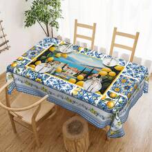 1pc Mediterranean Style Lemon Floral Tablecloth, Printed Tablecloth, Mediterranean Tile Mosaic Blue And White Color Design Pattern, Mediterranean Style, Polyester Round/Rectangular Tablecloth, Summer Decor, Indoor/Outdoor Dining Table Decor, Essential For Spring/Summer Party, Patio Picnic - Multicolor - View 12