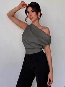 Blusa asimétrica plisada de color albaricoque, elegante y asimétrica, adecuada para el Día de San Valentín y el verano, con un estilo nuevo para la oficina/casual/vacaciones/festivales de música - Gris - Ver 4