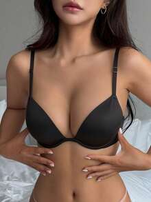 DAZY Deep V Push-Up Bra, Thick Cup Wireless Bra - Black - View 4