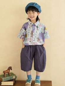 Korean Style Cute Kids Short Sleeve Floral Shirt, Purple Graffiti All-Over Letter Print, Personalized Hand-Drawn Cartoon Letter Print, Suitable For Summer Outings And Home Wear - Purple - View 3