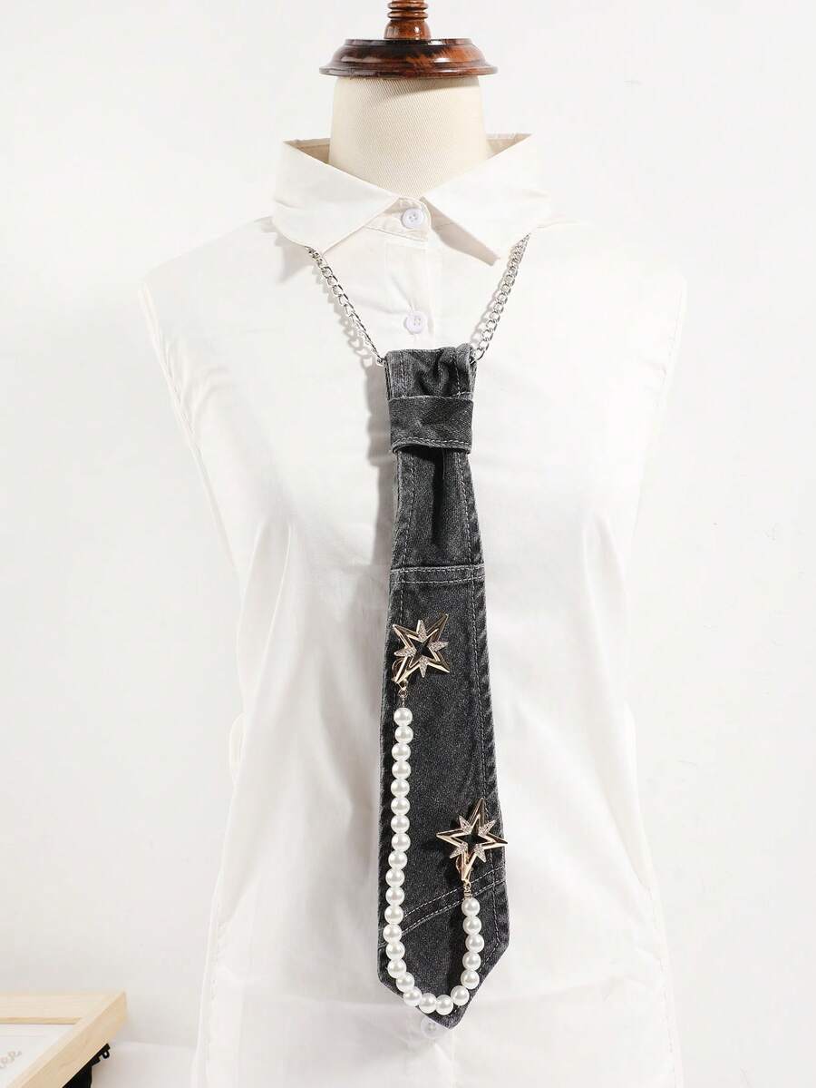1pc Fashionable Unisex Casual Versatile Denim Style Detachable Faux Pearl Chain Teddy Bear Dog Decor Bolo Tie, Suitable For Daily Outing, Party, Date Outfit - Multicolor - View 1