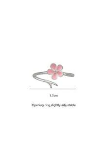 1pc Elegant Minimalist Pink Peach Blossom Ring, Versatile Sweet Floral Ring For Friends, Students - Antique Silver - View 5