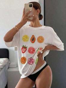 Camiseta de mujer con estampado de frutas, manga corta y cuello redondo, ideal para primavera/verano, regalo de cumpleaños o estilo Y2K. - Blanco - Ver 3
