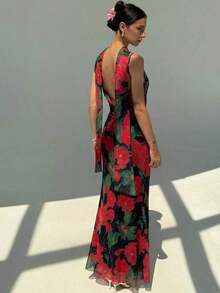 Nuevo vestido romántico con estampado de malla floral, sexy espalda descubierta, tirantes de espagueti y larga bufanda de cuello con caída - Negro - Ver 2