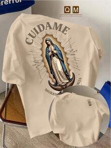 Camiseta Gráfica Casual para Hombre con Estampado Religioso en la Espalda - Diseño de la Virgen María con Rayos Radiantes en Negro, Texto en Latín, Corte Regular, Lavable a Máquina, Camiseta Gráfica, Moda Urbana, Camiseta de Estilo Distintivo, Tela Suave, Cuello Redondo, Tela de Corte Holgado, Cuello Redondo - Blanco - Ver 8