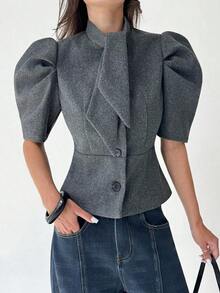 AYYAloruh Abrigo de mujer de manga corta abullonada, de un solo botonadura, con cuello de lazo, de moda, para otoño e invierno. Abrigo gris oscuro con hombros anchos y bufanda, de estilo corto, elegante para otoño e invierno para mujeres.AYY - Gris - Ver 5