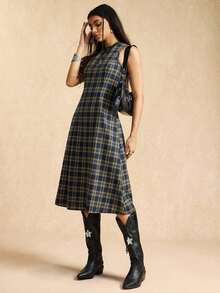 AYYEaselle Vestido de cuadros sin mangas con recogido en la cintura y silueta evasé para mujer, vestido de cuadros a media pierna, vestido de cuadros para mujer, vestidos de estilo francés para mujer, vestidos para mujer ElenzgaAYY - Multicolor 2 - Ver 4