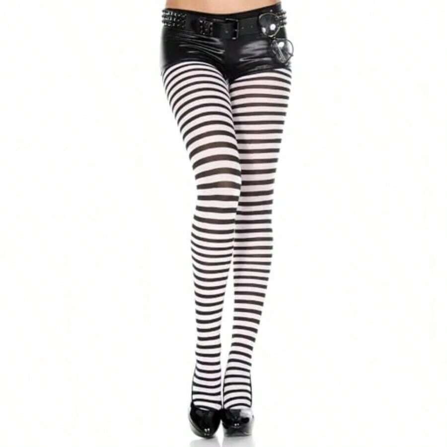 Music Women's Opaque Striped Tights Y8QN - Black/White - View 1