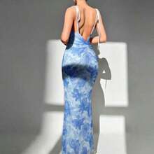 . .  Vestido de verano elegante con estampado floral y espalda descubierta para mujer - Azul - Ver 1