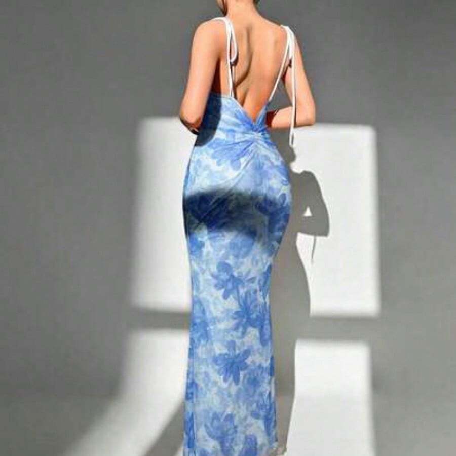 . . Vestido de verano elegante con estampado floral y espalda descubierta para mujer - Azul - Ver 1
