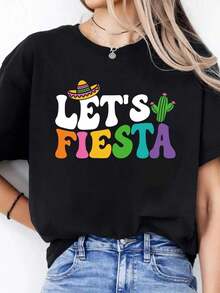 Lightweight Graphic Tees: Women's Short-Sleeve Crew Neck Tee, 1 Piece, For The Cinco De Mayo Festival In Mexico. Printed With The "LET'S FIESTA" Design, This Comfortable And Stylish Tee Is Suitable For Casual Everyday Wear. 100% Cotton, A Popular Choice. Suitable For Spring, Summer, And Fall. - 黑色 - 查看 7