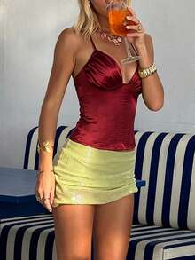 女款夏季上衣,酒紅色時尚緞面收腰休閒波西米亞風細肩帶背心,適合情人節、約會、聚會、派對、旅行、度假及其他場合,春/夏季上衣 - 酒紅色 - 查看 2