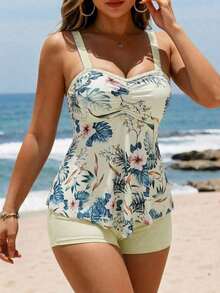 Swim Lushoire 2 piezas Conjunto de tankini de mujer con estampado y color contrastante (parte superior e inferior), busto fruncido - Beis - Ver 3