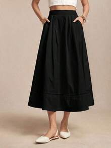 Falda de mujer con diseño de parche, bolsillo lateral y dobladillo de encaje hueco, versátil para oficina, formal, casual y romántica para el transporte urbano, nueva colección primavera/verano - Negro - Ver 4