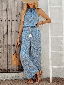Mono ancho de pierna casual con bolsillo, cintura con borlas y unicolor, de moda para vacaciones - Multicolor - Ver 1