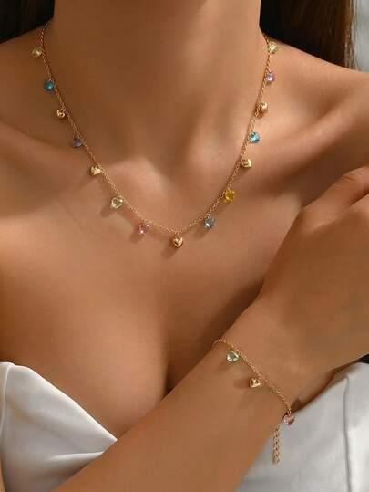 2Pcs Y2K Cute Multicolor Adjustable Length Colorful Heart Charm Dainty Necklace Bracelet Set For Women Girls Daily Wear / Summer Beach Birthday/Gift For Perfect Girls