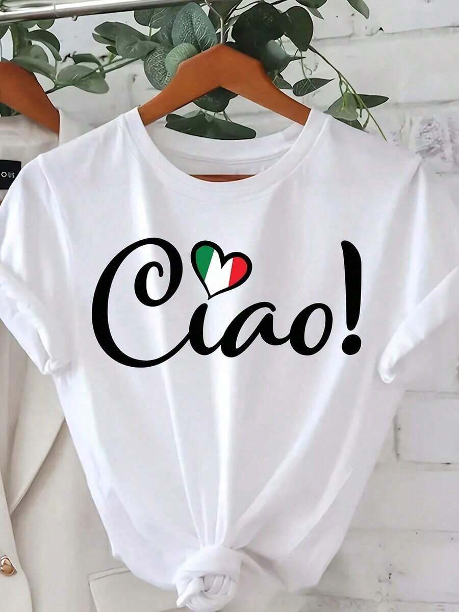 Italian Flag For Women With Heart & Ciao! Graphic T-Shirt - White, Casual Short-Sleeved T-Shirt With A Round Neck And Green And Red Lettering, Lightweight, Breathable Fabric, Machine Washable Everyday T-Shirt For Summer And Spring, Suitable For Italian-Themed Outfits And Casual Wear. - 白色 - 查看 1