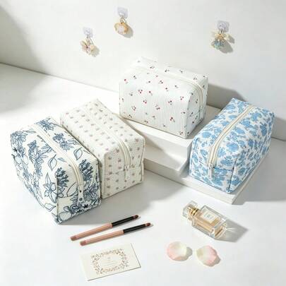 1 Túi đựng mỹ phẩm kiểu Hàn Quốc bằng vải nhung kẻ họa tiết hoa, dung tích lớn, tiện dụng khi đi du lịch, túi đựng mỹ phẩm đa năng dùng để đựng toner, kem dưỡng ẩm, serum, kem nền, son môi, phấn mắt, phấn má hồng, kem che khuyết điểm, sữa rửa mặt.