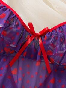 2pcs Women's Valentine's Day Nightgown, With Heart Print, Ruffle Trim, Bow Detail And Satin Splice - Easy Care Knit Shirt - Purple - View 6