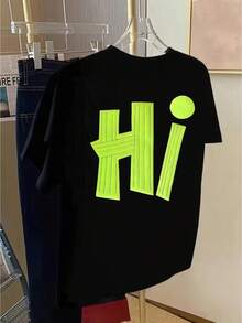 Short-Sleeved T-Shirt, 100% Cotton, With Front And Back Prints - Fluorescent Green - Fashionable Printed T-Shirt For Women, Perfect For Spring/Summer. Versatile And Casual, Suitable For All Seasons. Can Be Worn As A Base Layer In Spring And Autumn Or On Its Own In Summer. Unisex Style,  City-Boy Style Top Made Of Thick Cotton. - 白色 - 查看 8