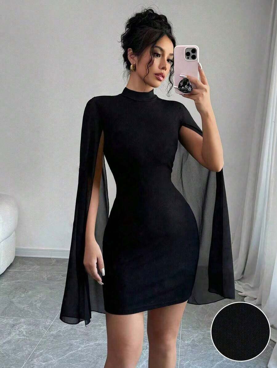 Solid Color Fitted Cape Dress With Mandarin Collar - Black - View 1