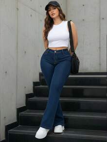 Jeans acampanados con bolsillos para mujer talla grande, aptos para el hogar, uso diario u oficina, primavera, verano - Azul - Ver 2