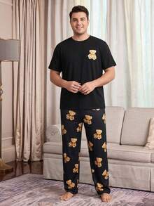 Men's Plus Size Pajama Set, Bear Print T-Shirt With Black All-Over Bear Print Pajama Pants, 2-Piece Set, Fun Design, Suitable For Home Leisure - Black - View 1