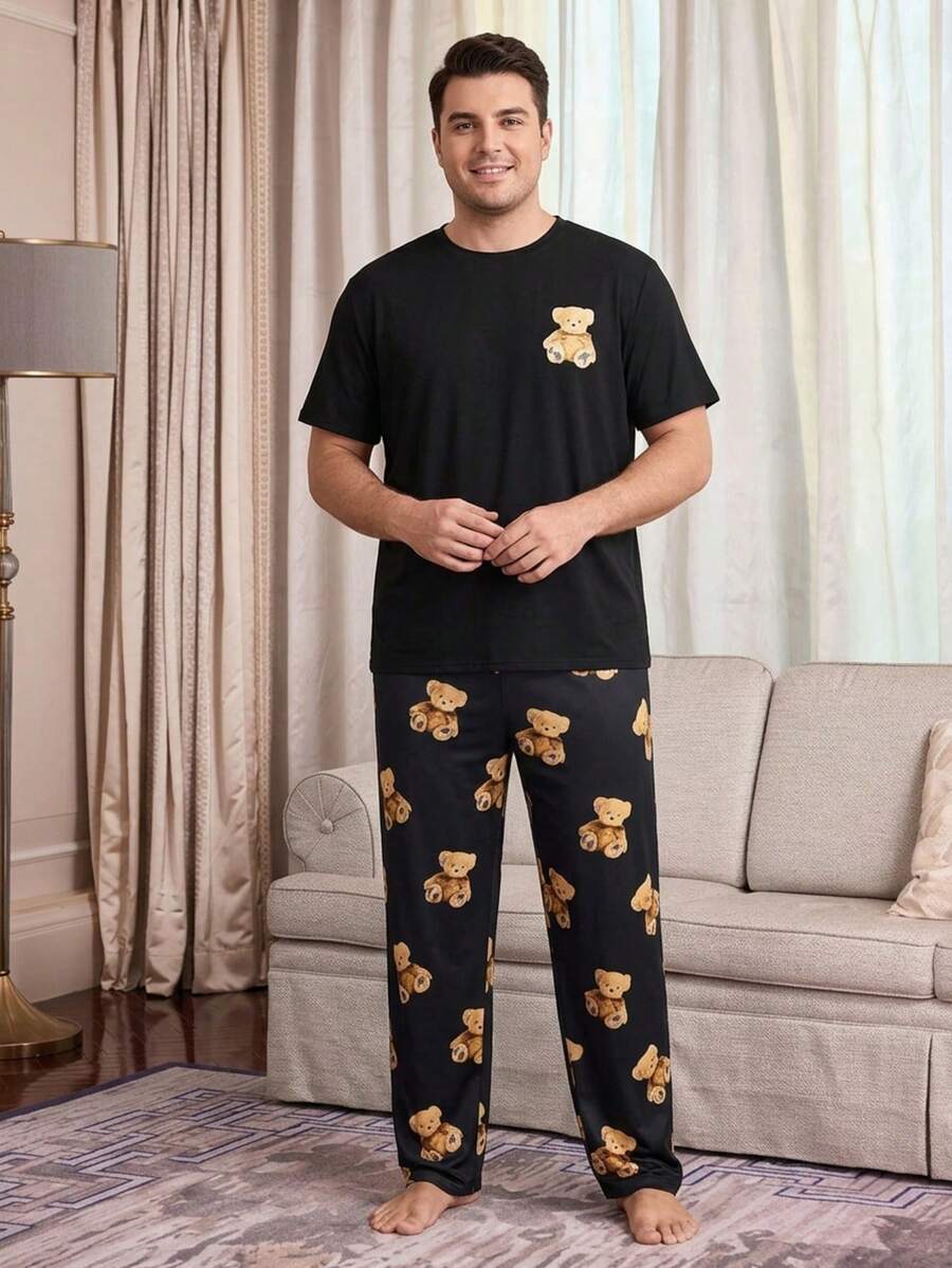 Men's Plus Size Pajama Set, Bear Print T-Shirt With Black All-Over Bear Print Pajama Pants, 2-Piece Set, Fun Design, Suitable For Home Leisure - Black - View 1