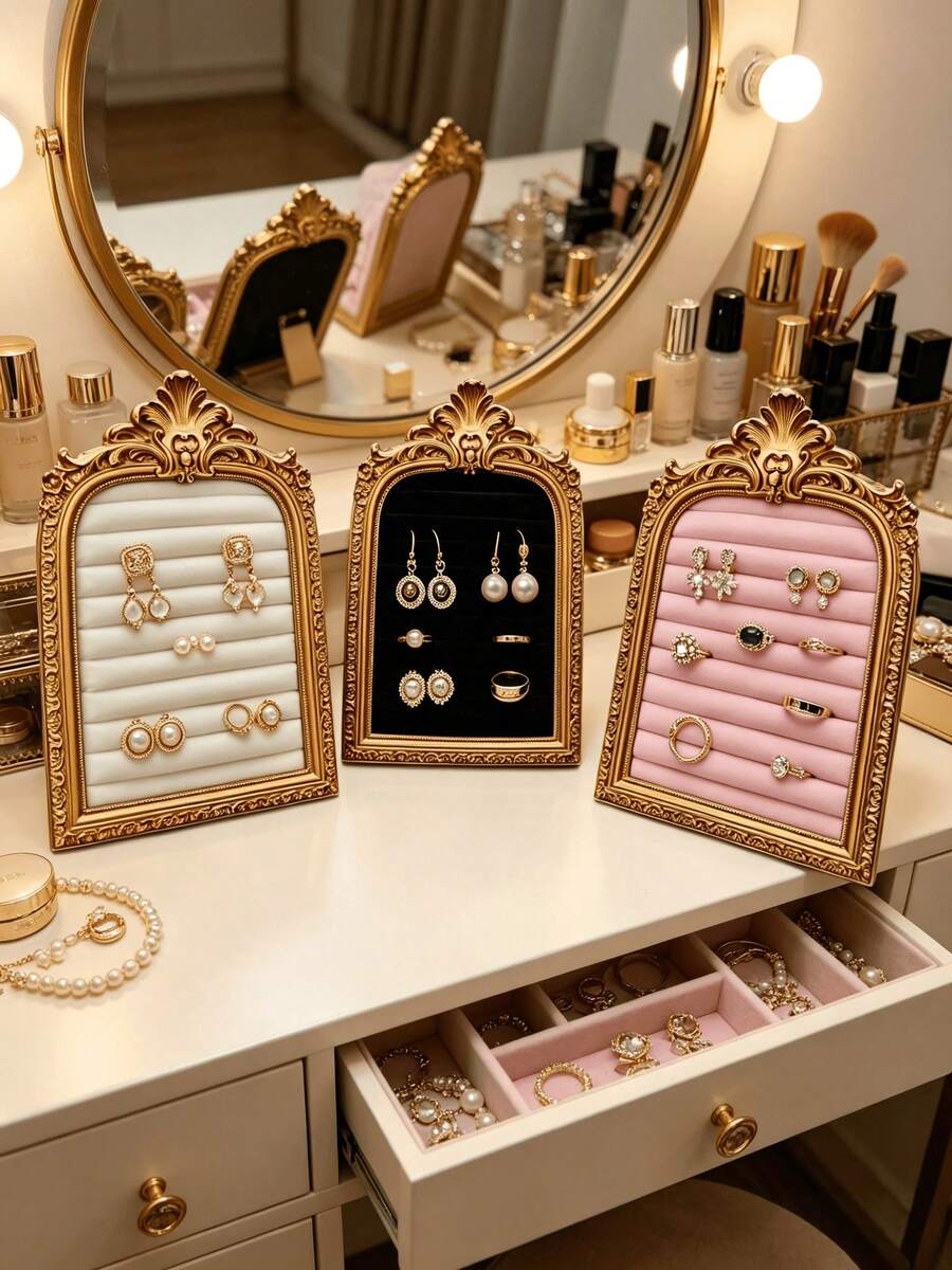 1pc New Vintage Resin Scroll Velvet Jewelry Organizer, Retro Frame Scroll Ring Tray, Necklace Earring Display Stand, Home Decor Art, Holiday Gift, Jewelry Tower, Earring Holder, Jewelry Storage, Classic Jewelry Prop, Vintage Design - Multicolor - View 1