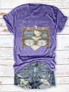 Women's Casual Summer T-Shirt, T-Shirt With The Phrase "In My Grandmother's Time", Vintage T-Shirt With Goose Kitchen Shelf Print, Granny T-Shirt. - 白色 - 查看 8